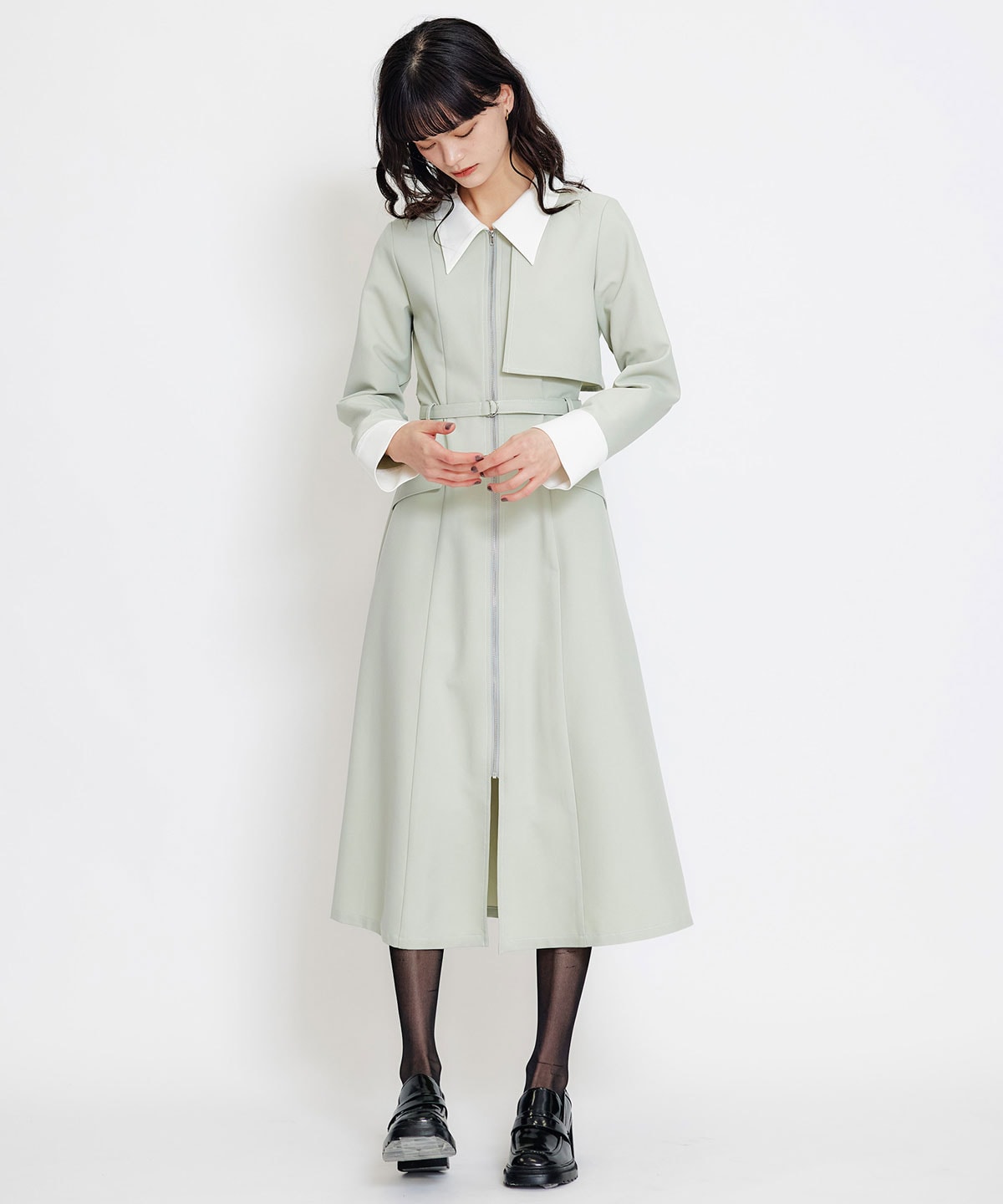 フロントZIPバイカラーロングシャツワンピース