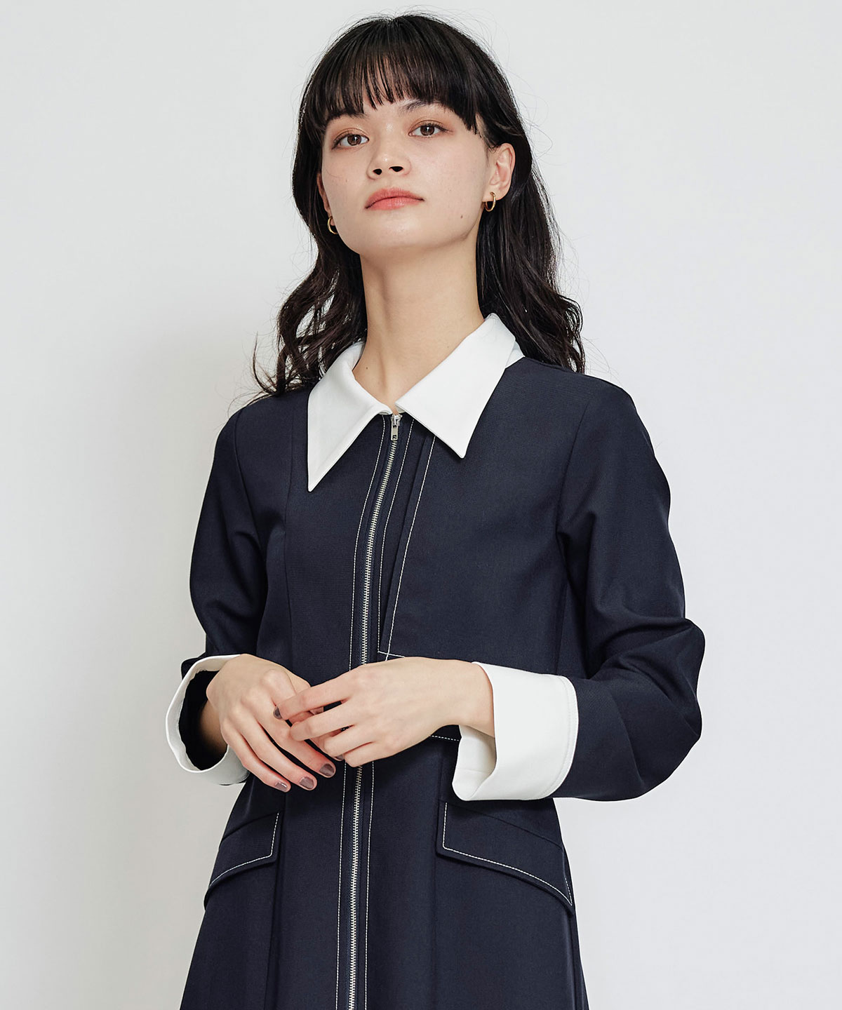 フロントZIPバイカラーロングシャツワンピース