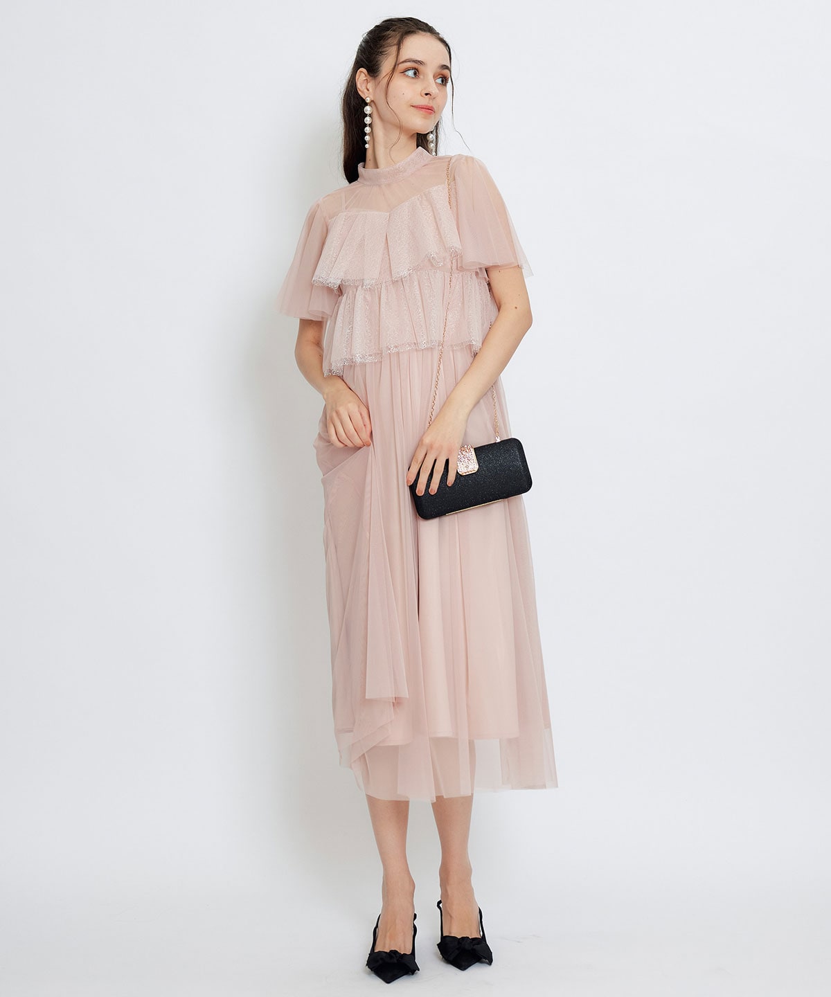 チュールレースティアードトップス×キャミソールフレアロングドレス