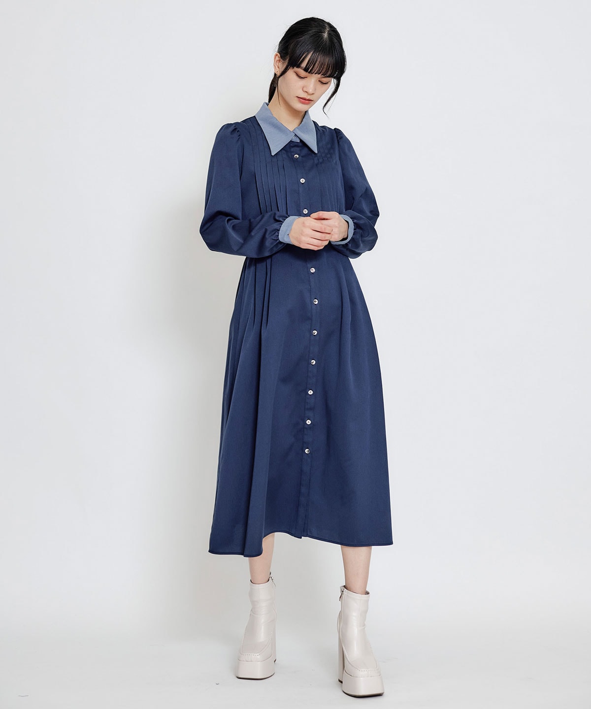 フロントプリーツリボンタイフレアロングワンピース