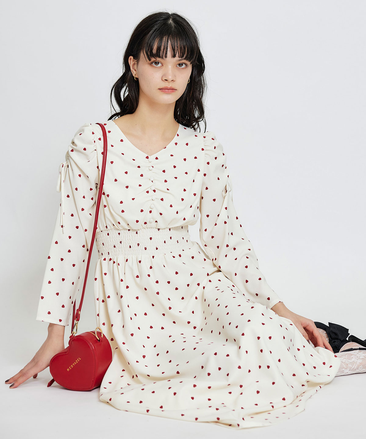 Love Me Heart ギャザーリボンロングフレアワンピース