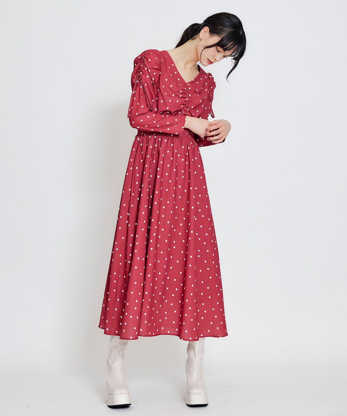 Love Me Heart ギャザーリボンロングフレアワンピース