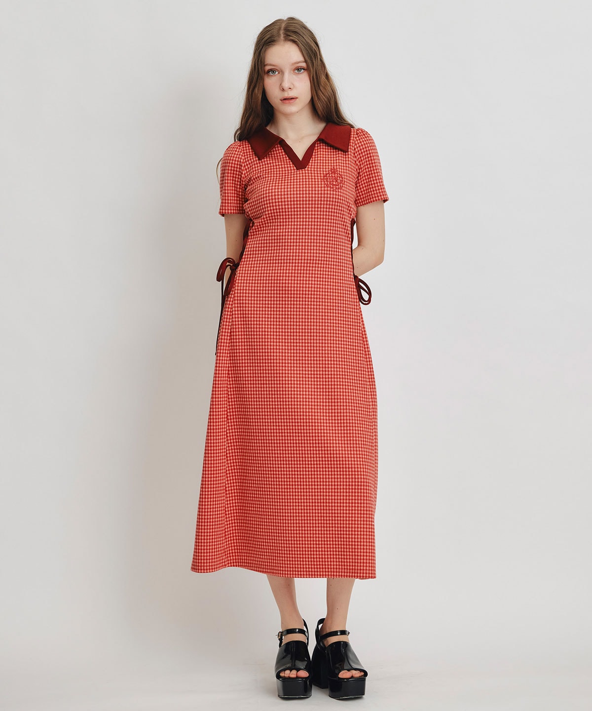 ポロカットレースアップフレアロングワンピース