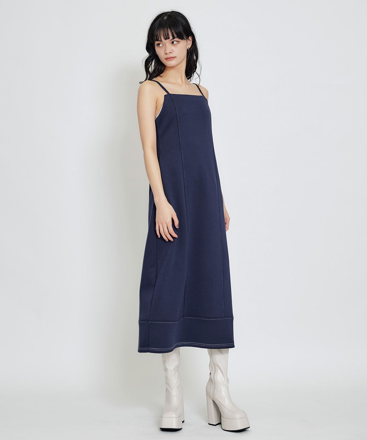 【セットアップ可能】バイカラーステッチカットロングワンピース