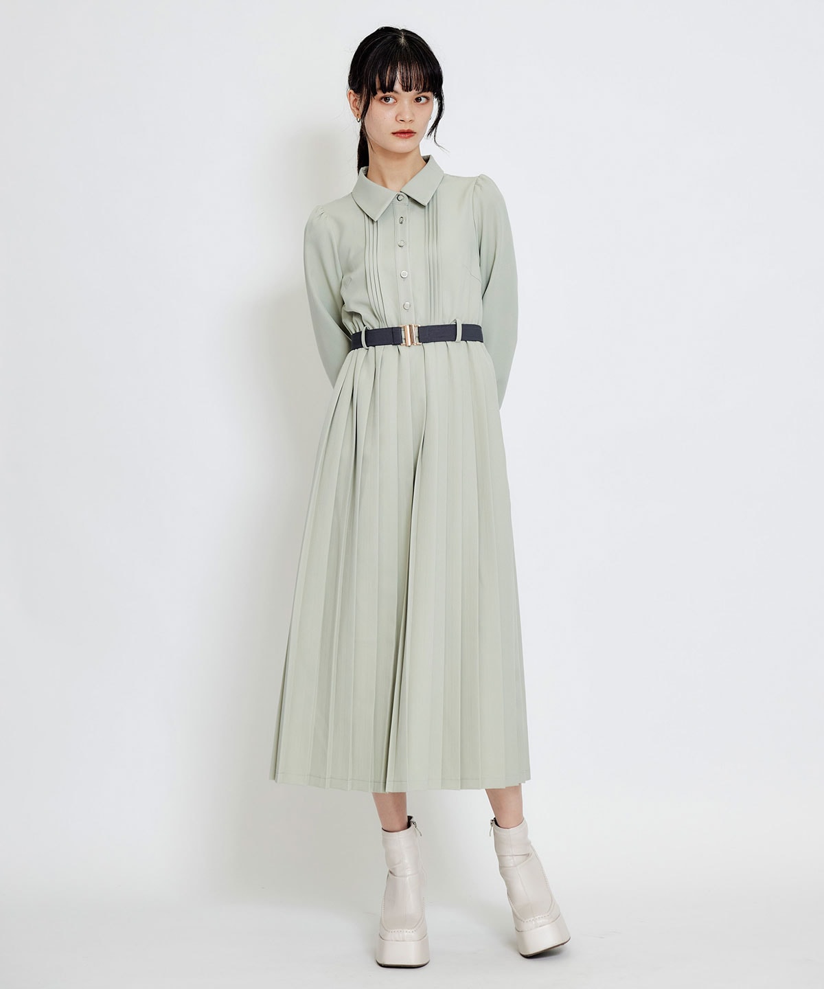 リボンタイプリーツロングシャツワンピース