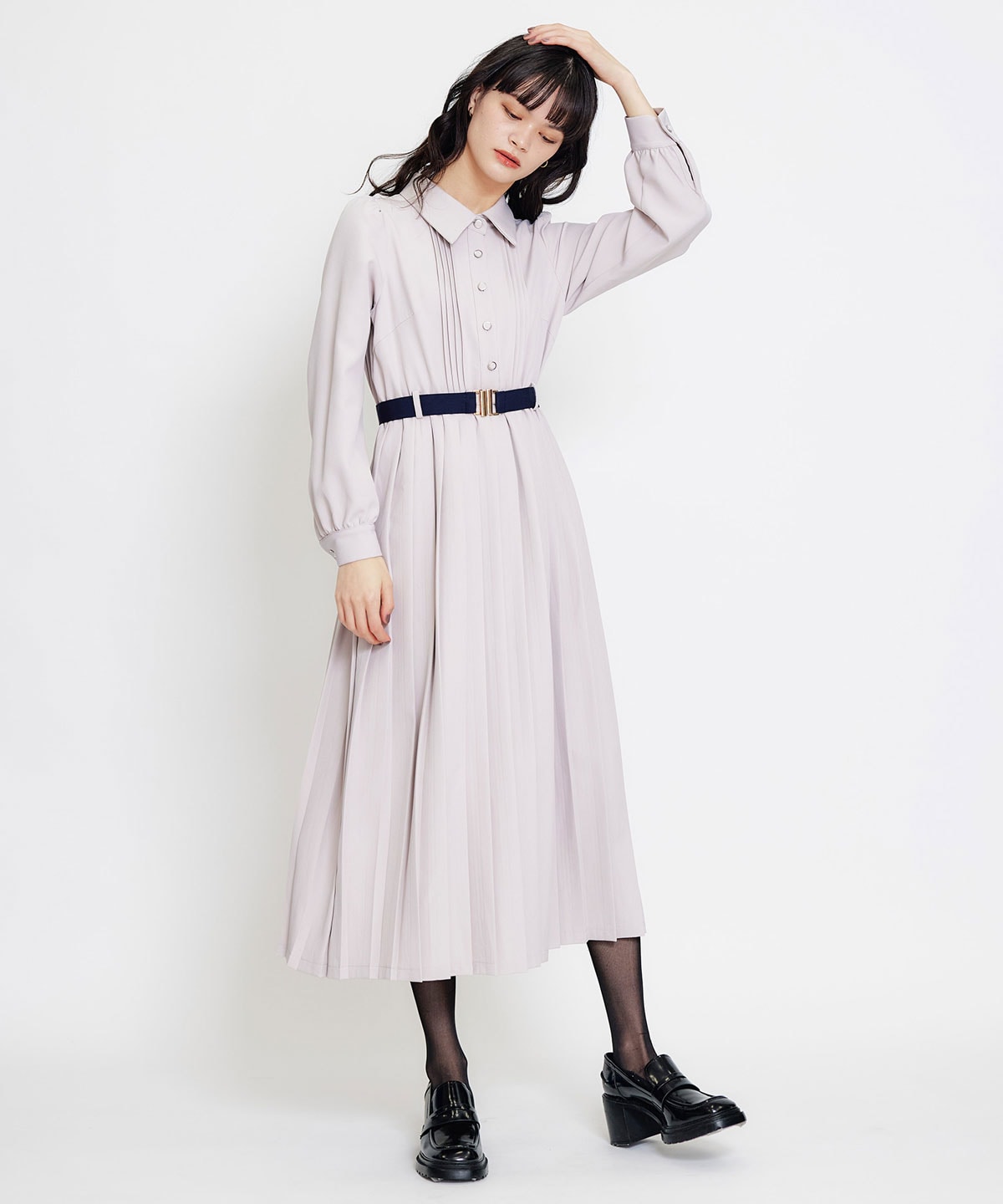 リボンタイプリーツロングシャツワンピース