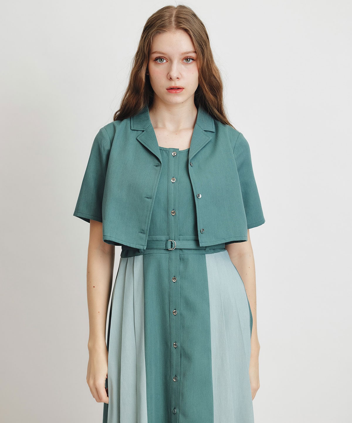 レイヤードサイドプリーツバイカラーロングワンピース