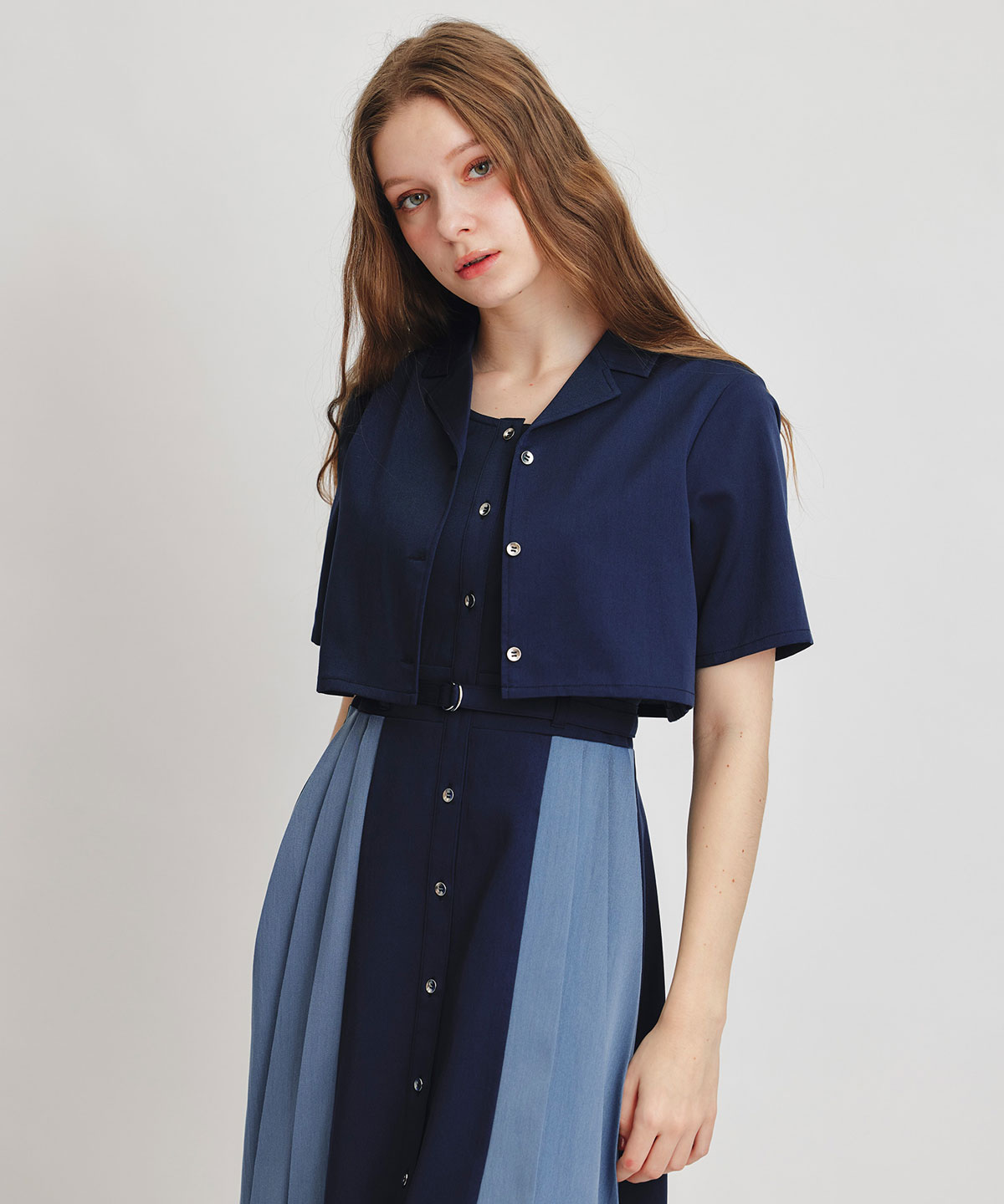 レイヤードサイドプリーツバイカラーロングワンピース