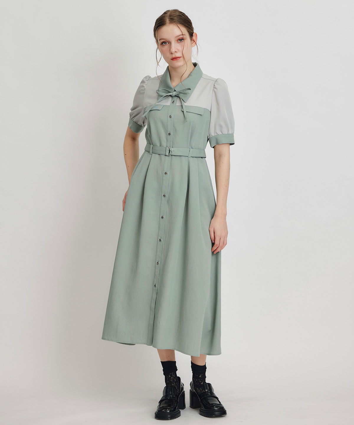 コントラストカラーシャツフレアロングワンピース