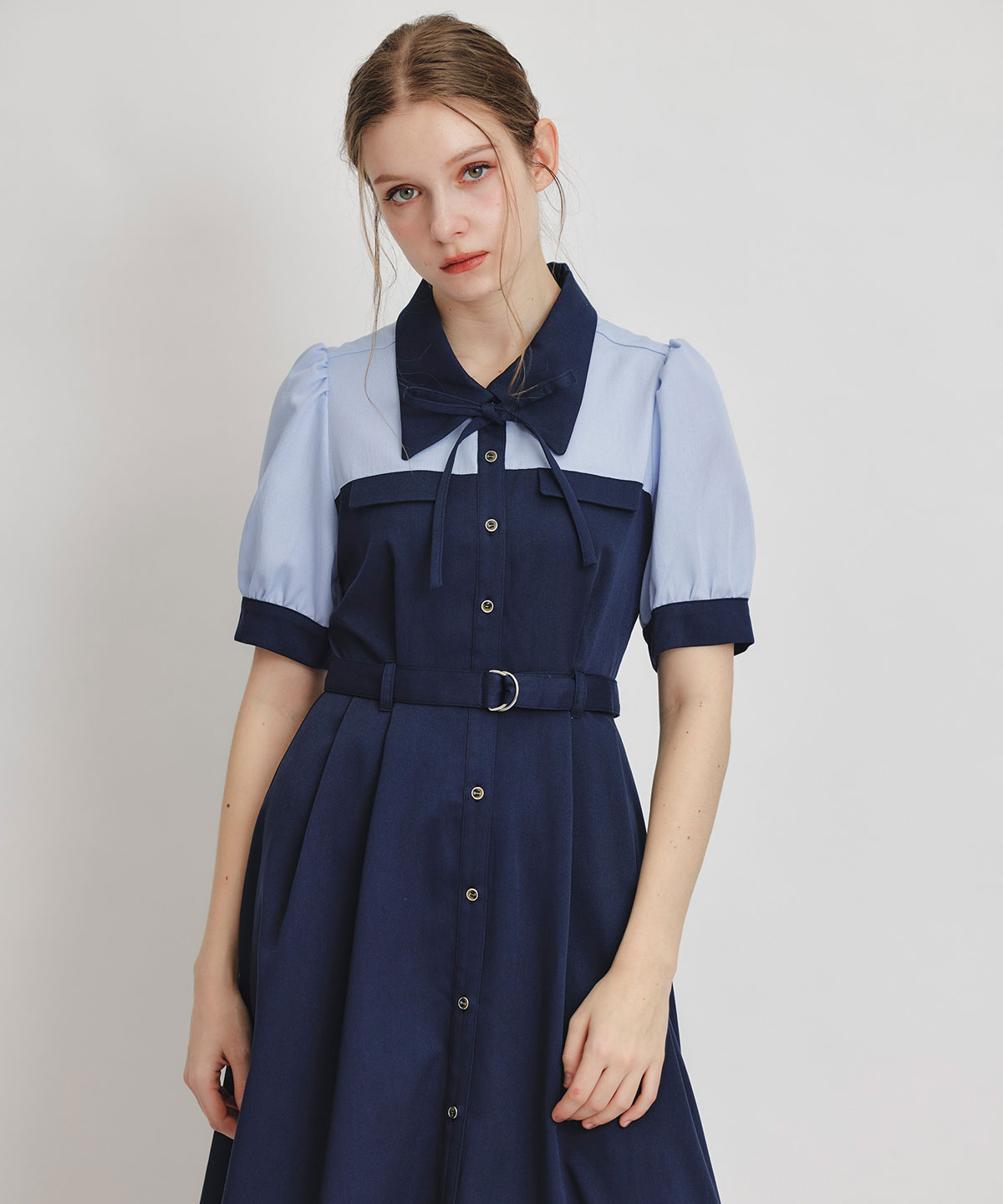 コントラストカラーシャツフレアロングワンピース