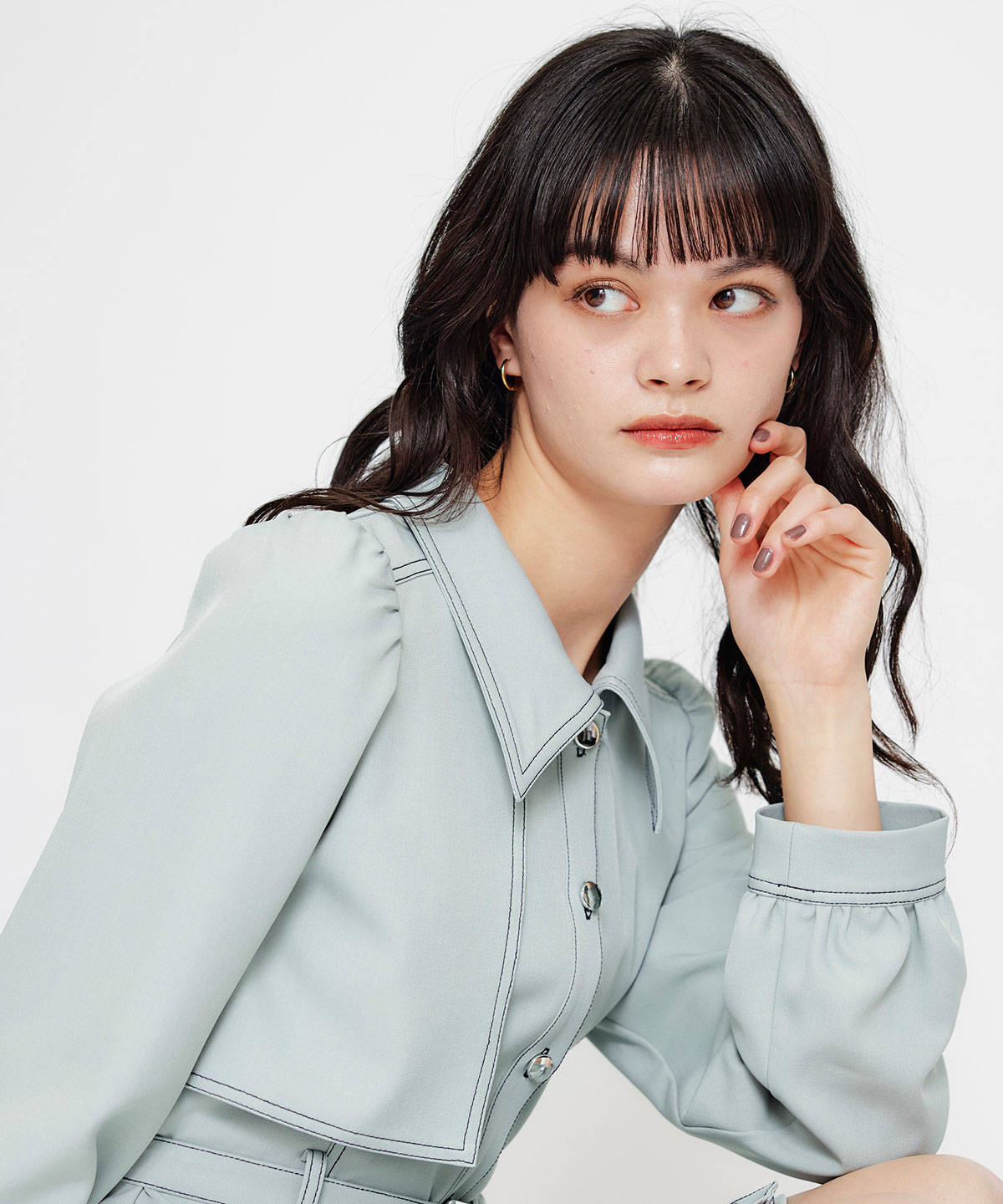 バイカラーステッチフレアミニシャツワンピース