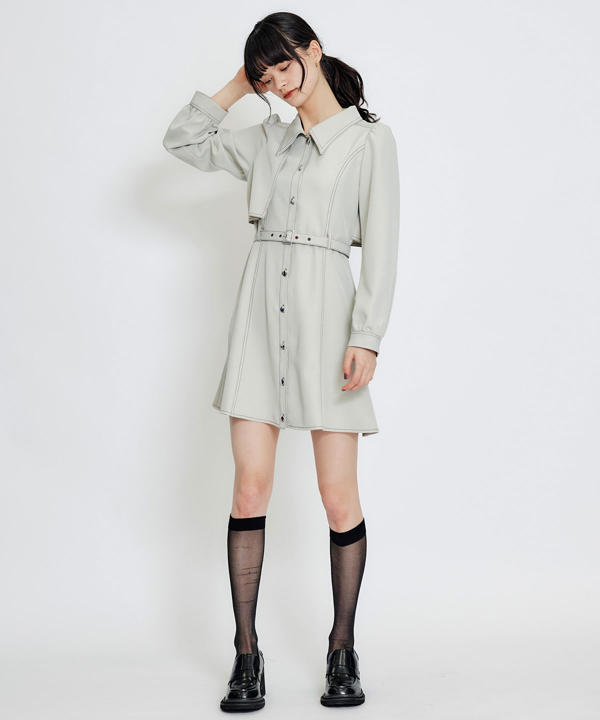 バイカラーステッチフレアミニシャツワンピース