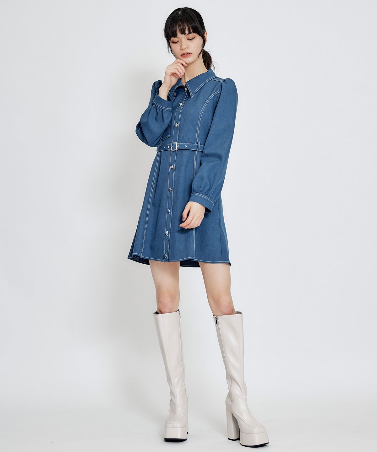 バイカラーステッチフレアミニシャツワンピース