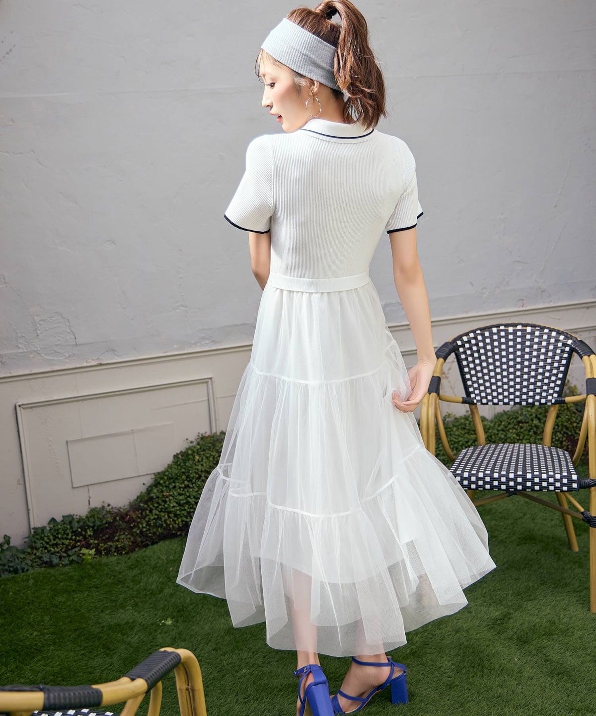 ポロニットチュールティアードドッキングロングワンピース