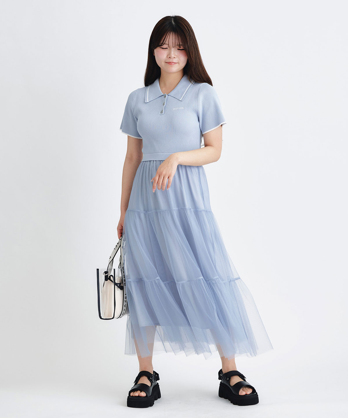 ポロニットチュールティアードドッキングロングワンピース