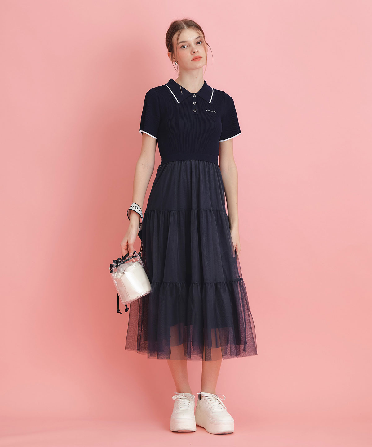 ポロニットチュールティアードドッキングロングワンピース