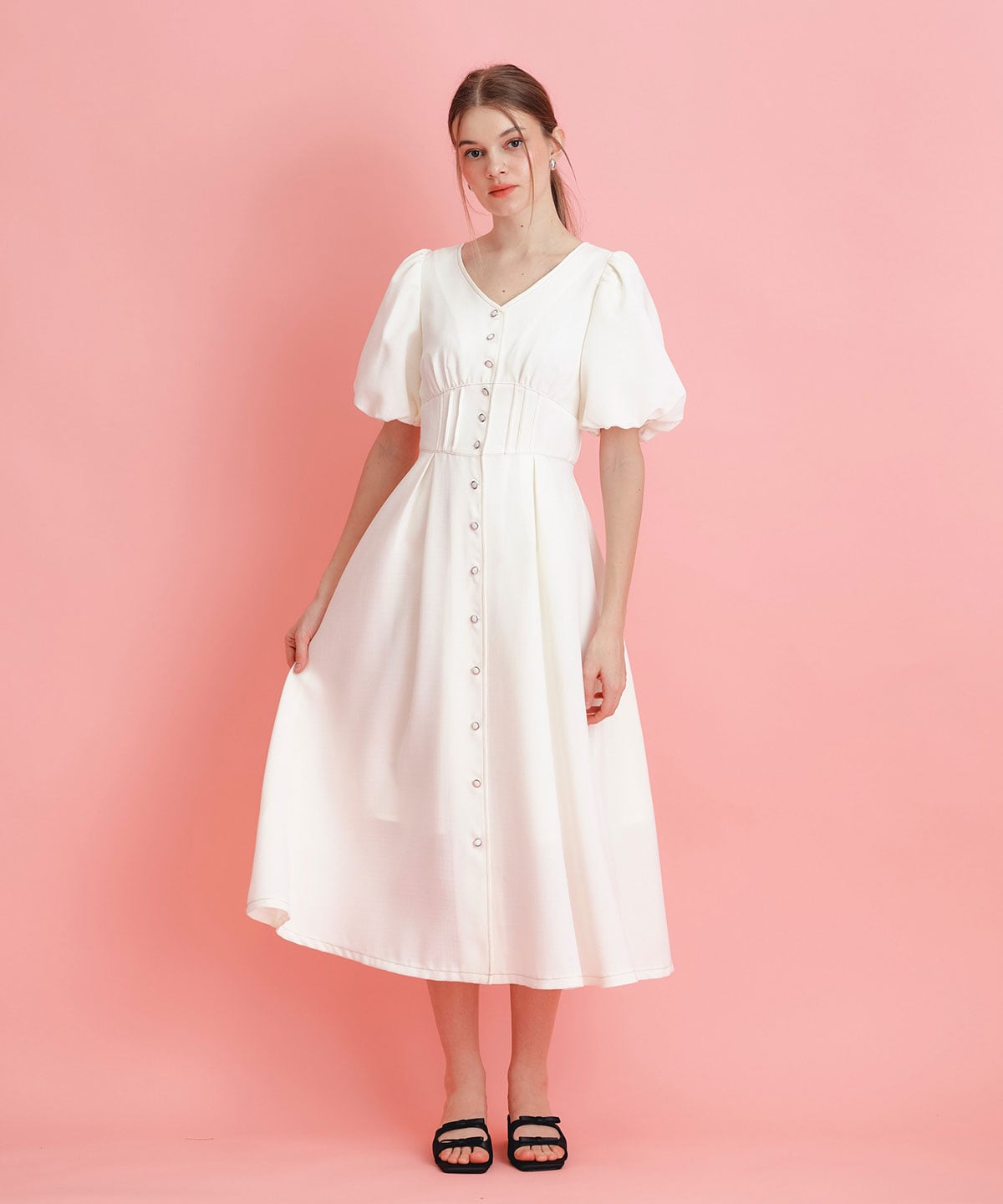 コルセットバルーンスリーブフレアロングワンピース