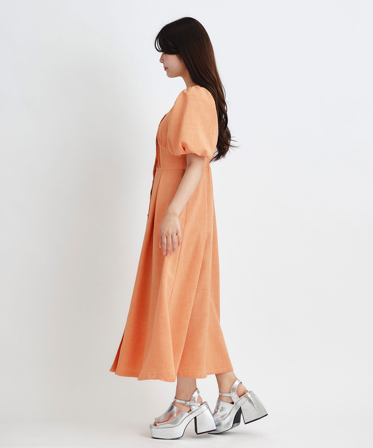 コルセットバルーンスリーブフレアロングワンピース