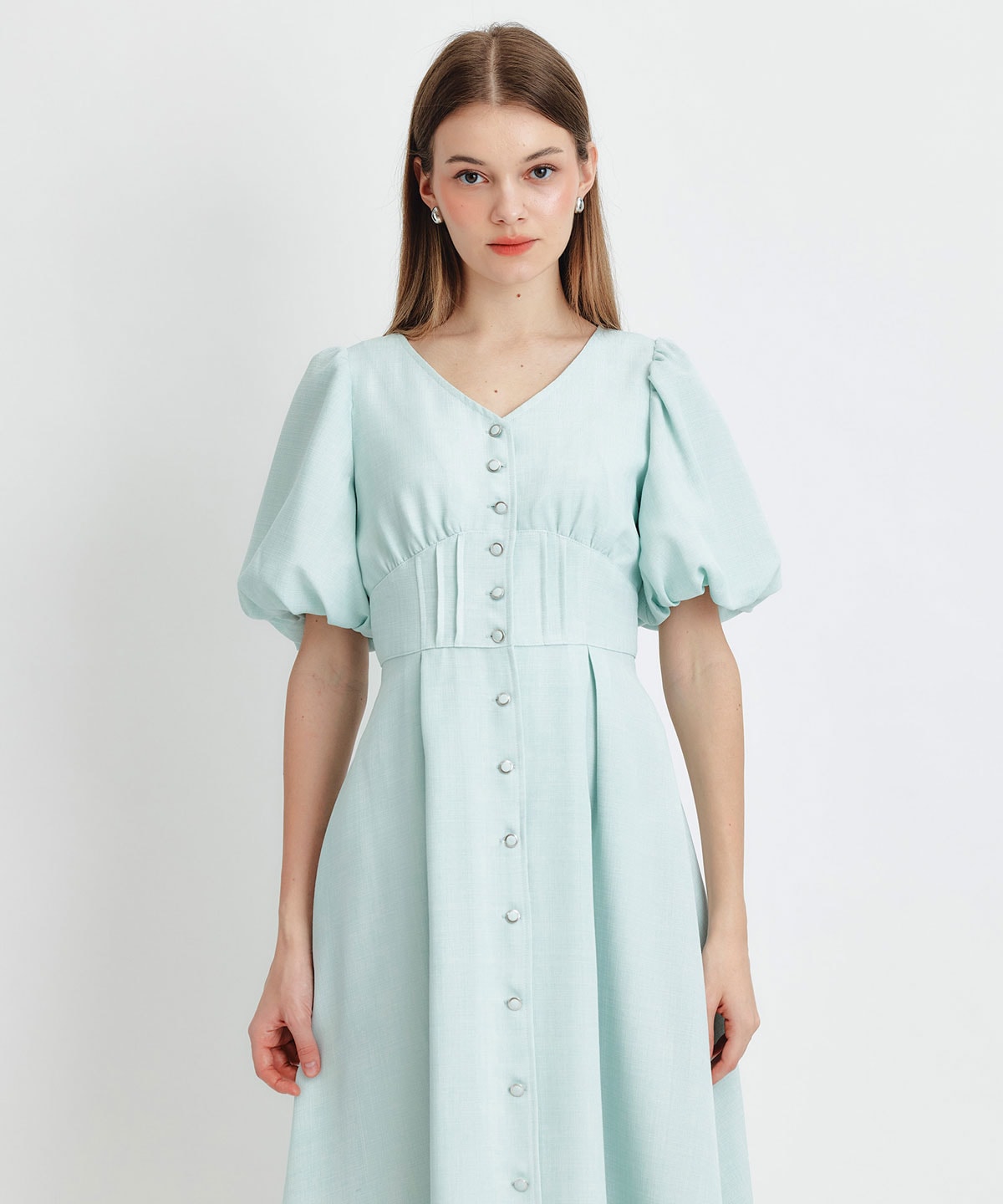 コルセットバルーンスリーブフレアロングワンピース