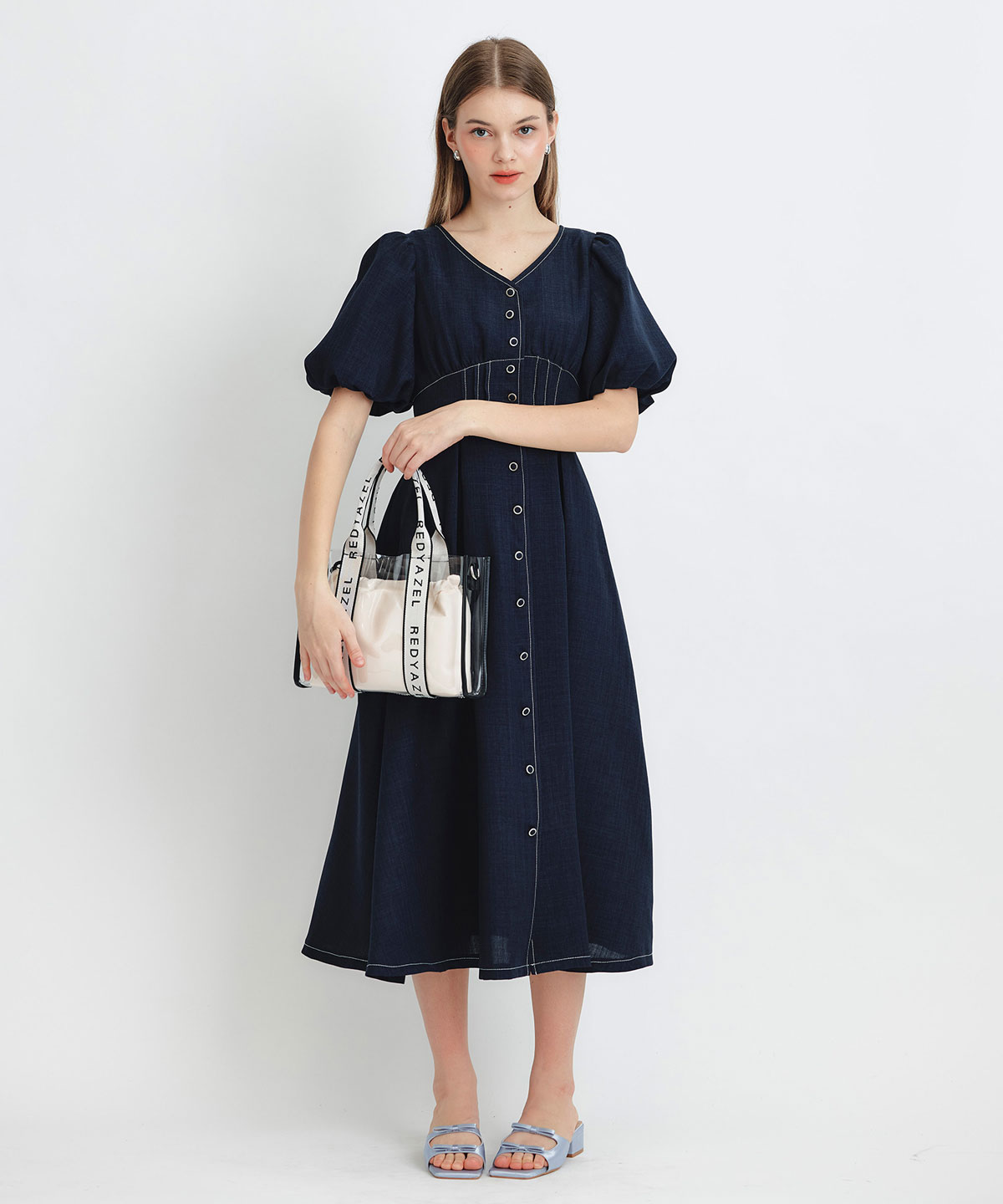 コルセットバルーンスリーブフレアロングワンピース