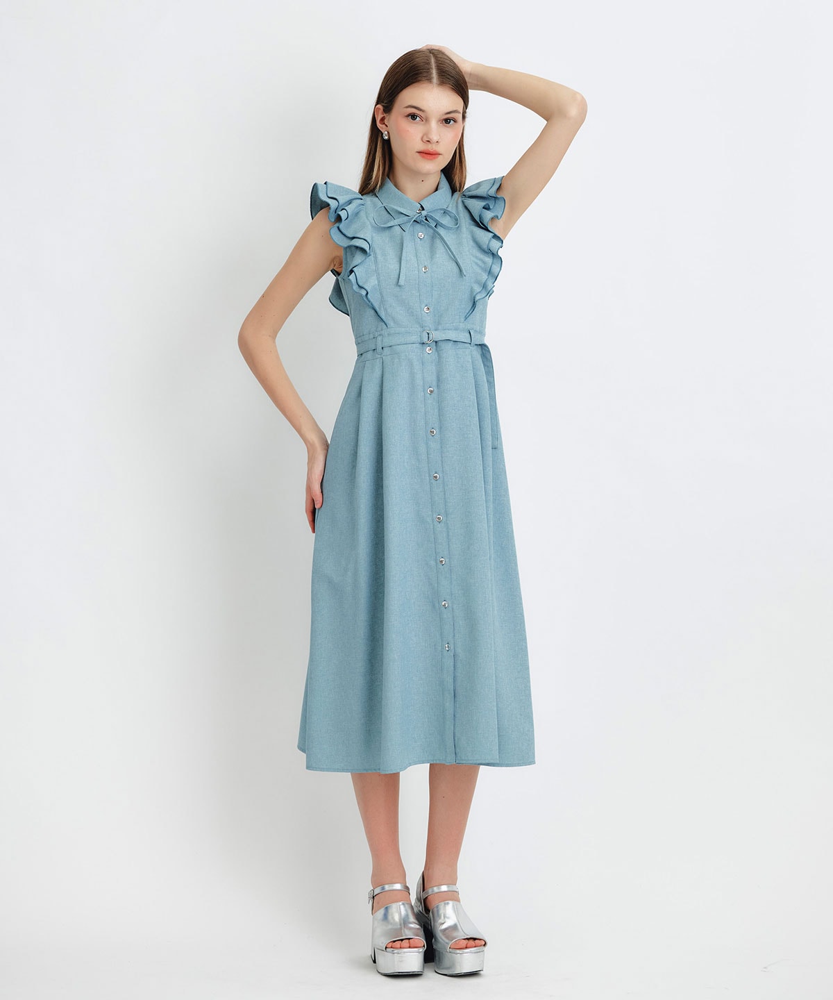 フリルシャツフレアロングワンピース