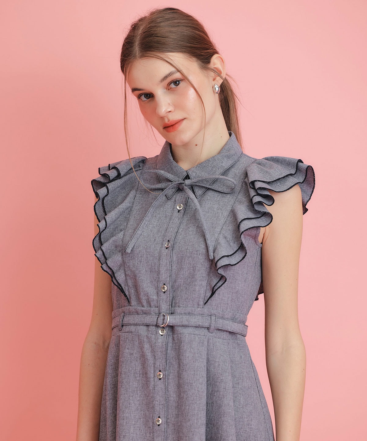 フリルシャツフレアロングワンピース