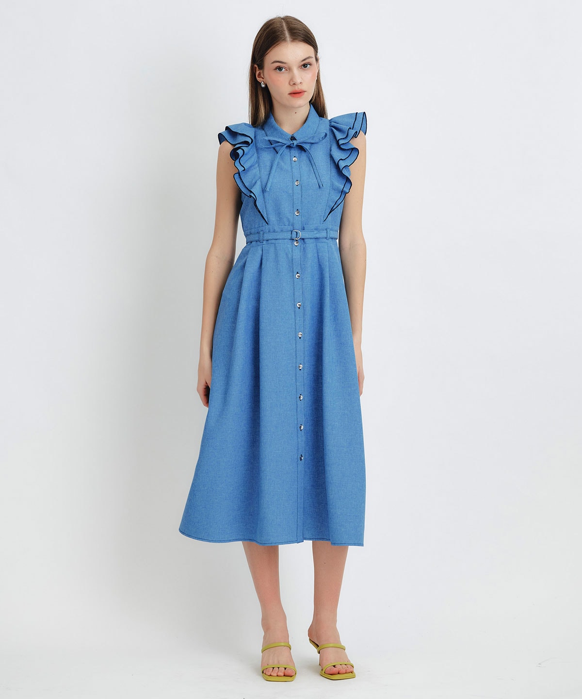 フリルシャツフレアロングワンピース