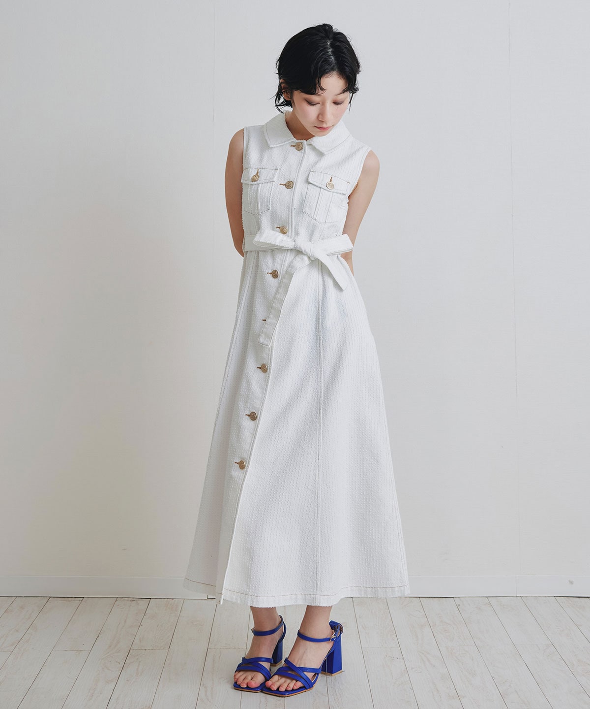 レーザーカットデニムロングシャツワンピース