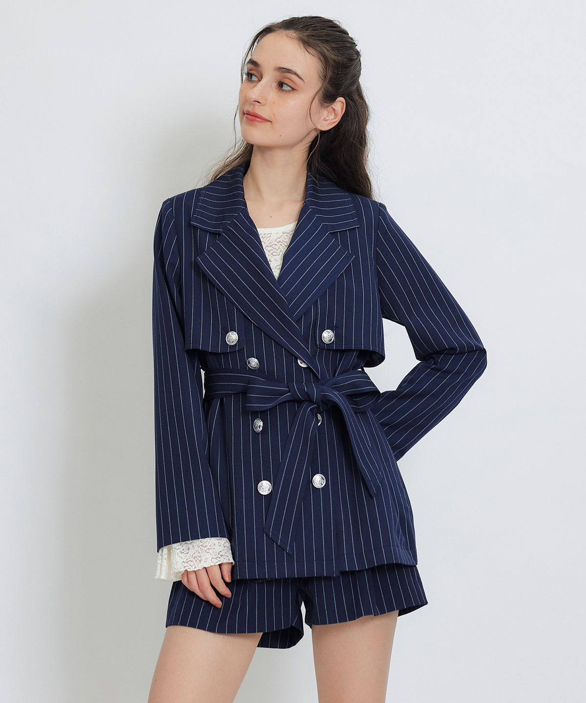 【セットアップ可能】2WAYエンブレムボタンミドルトレンチコート