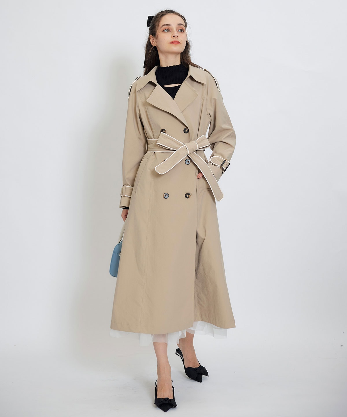 バックベルトデザインパイピングロングトレンチコート