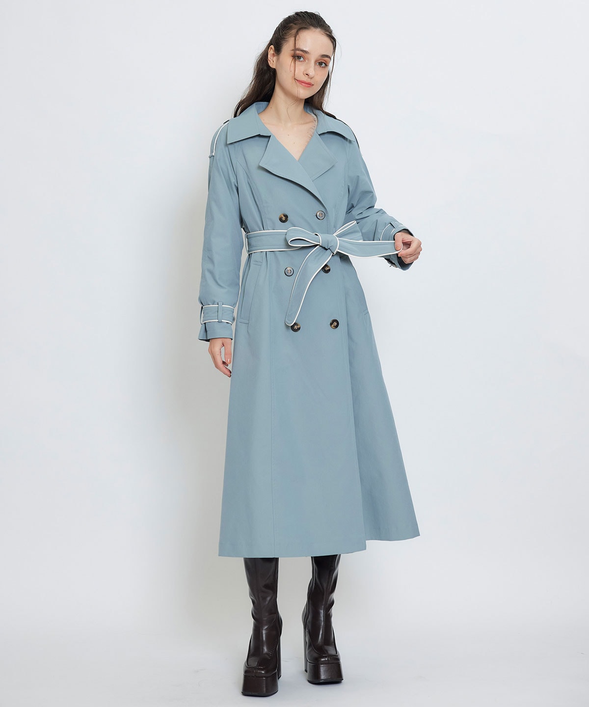 バックバイカラーパイピングベルトデザインロングトレンチコート