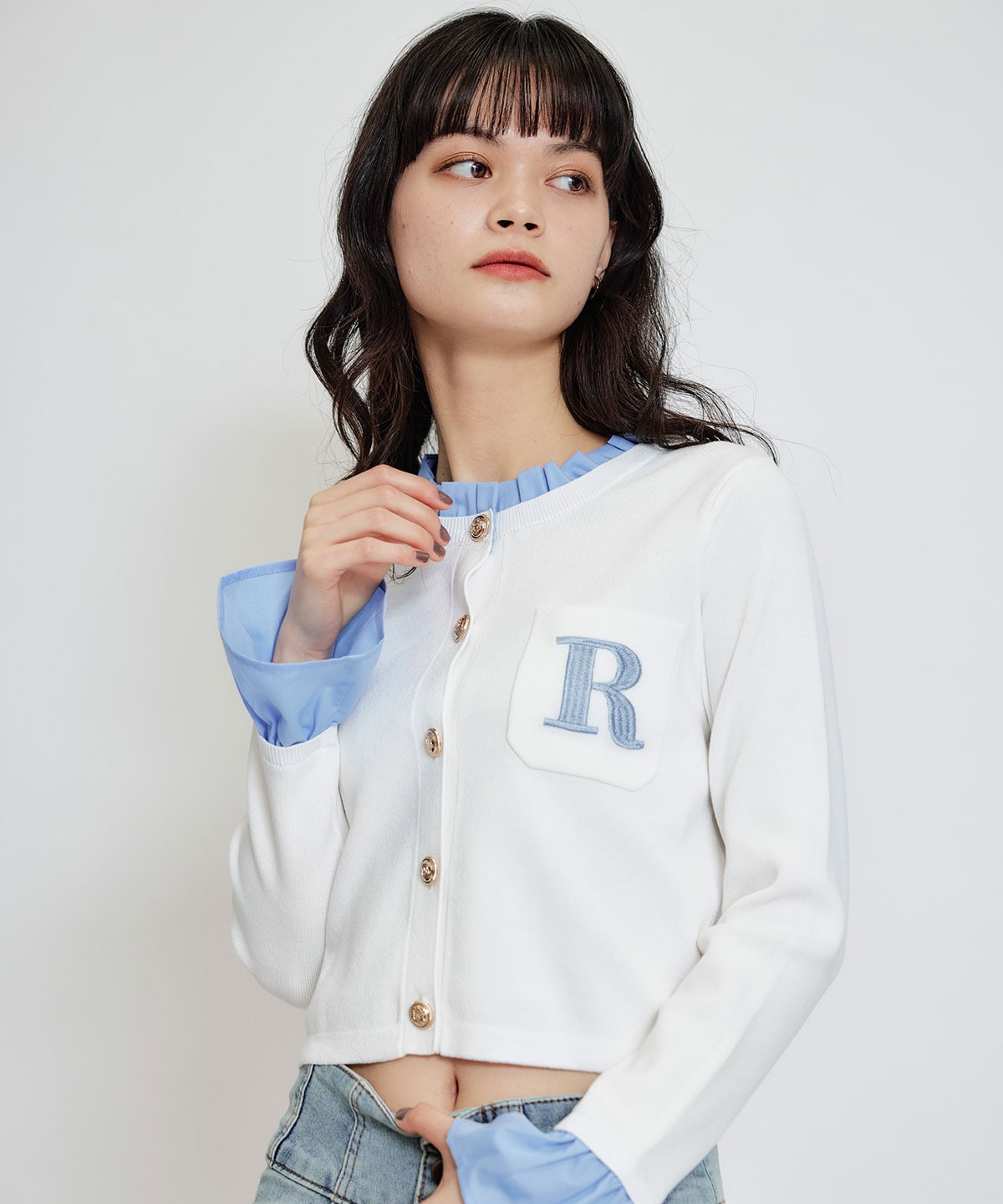 Rフリルレイヤードニットカーディガン