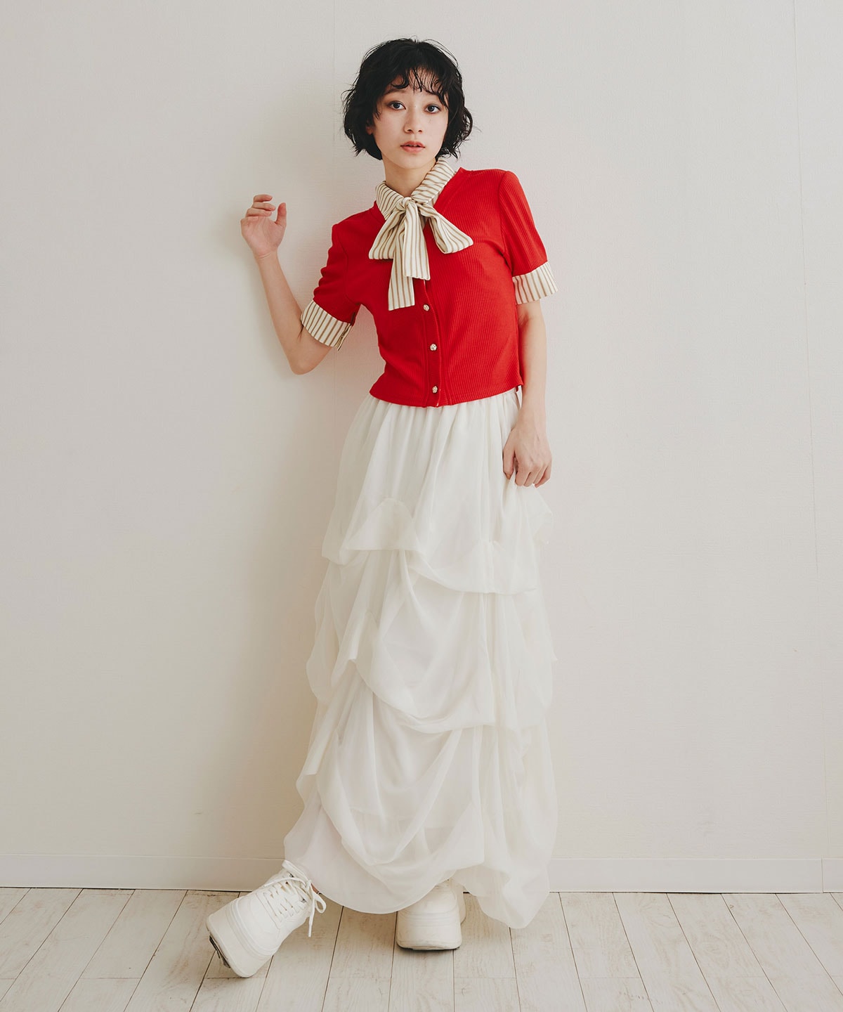 ストライプリボンタイレイヤードニットトップス