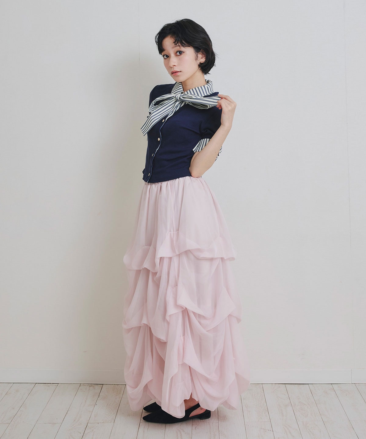 ストライプリボンタイレイヤードニットトップス