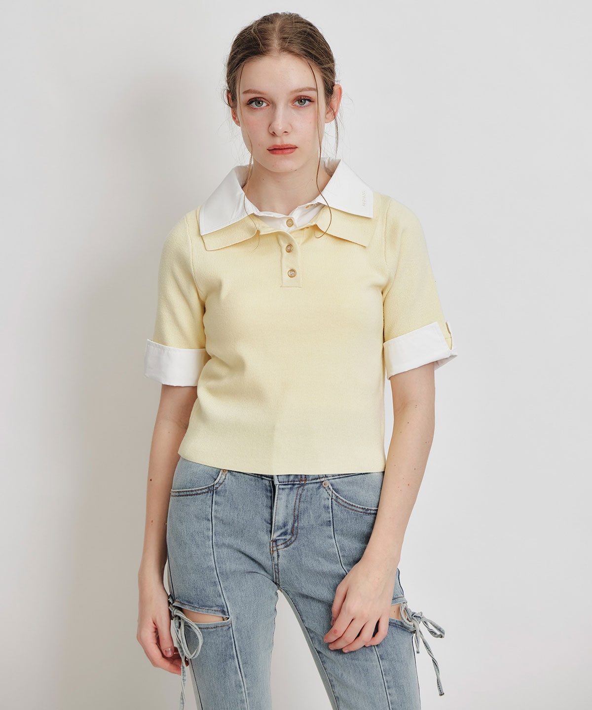 ダブルカラーハーフスリーブニットプルオーバー