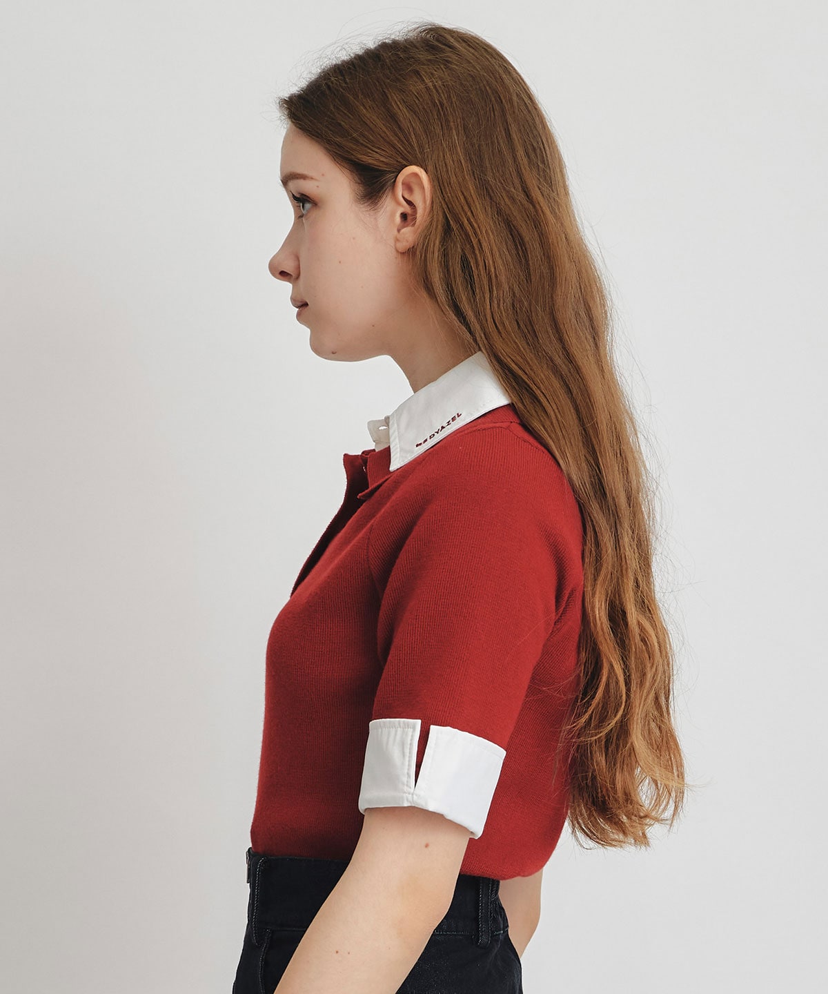 ダブルカラーハーフスリーブニットプルオーバー