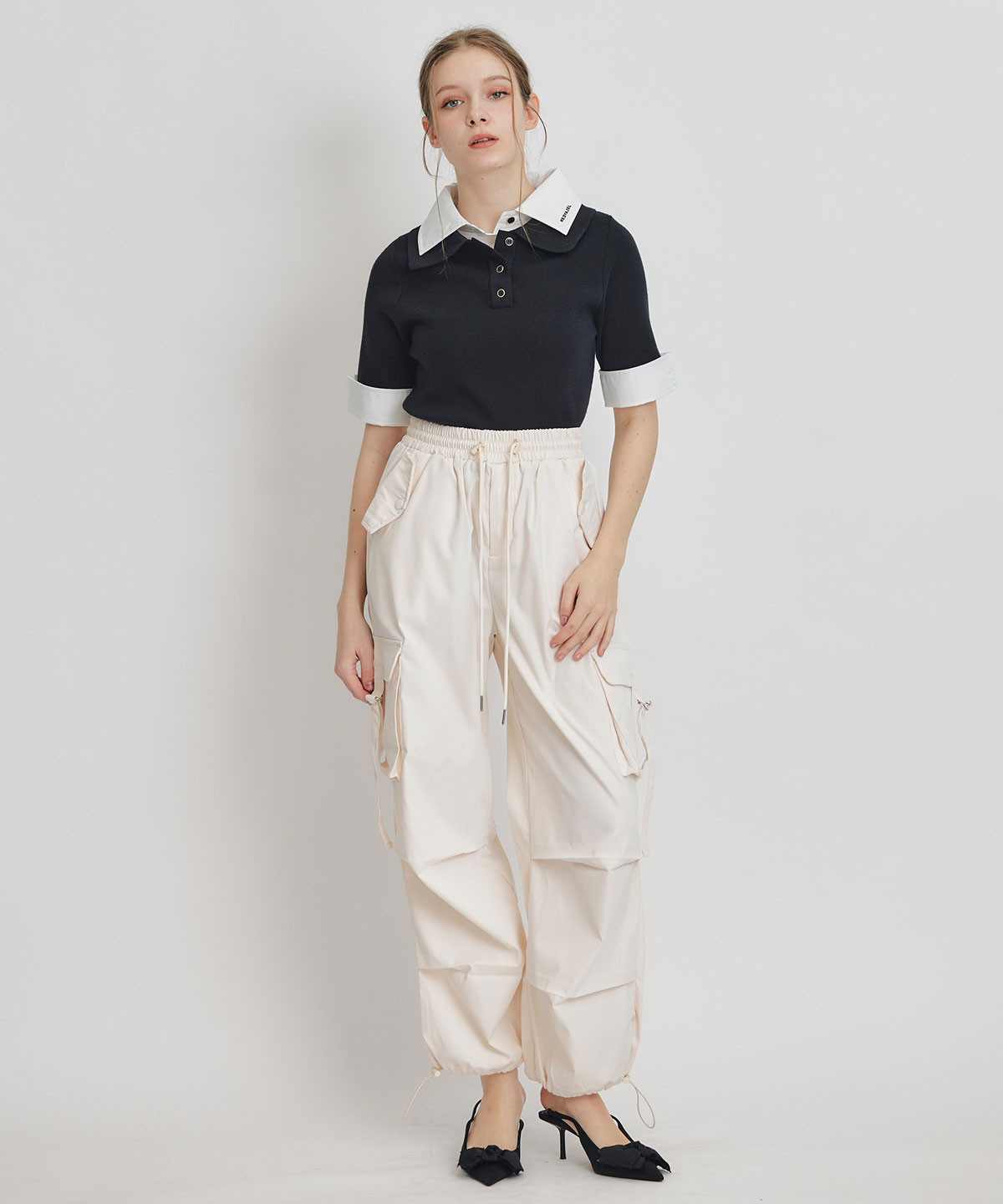 ダブルカラーハーフスリーブニットプルオーバー