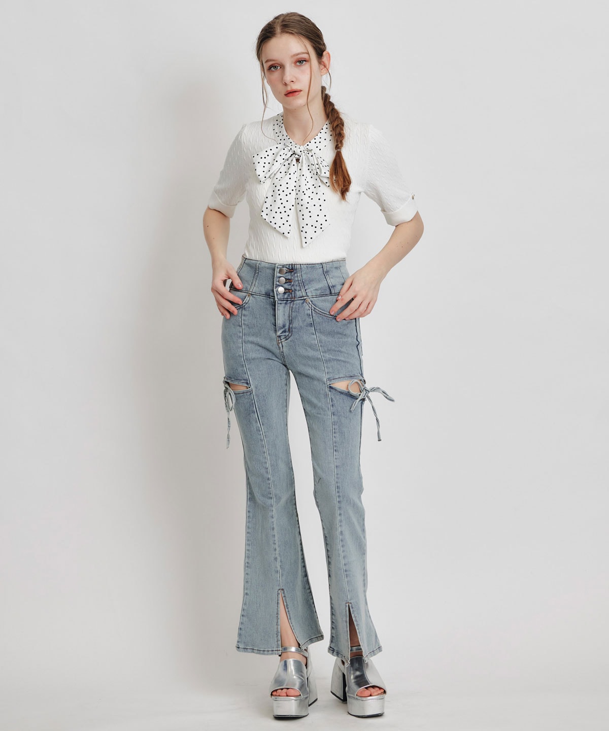 ケーブルリボンタイハーフスリーブニットプルオーバー