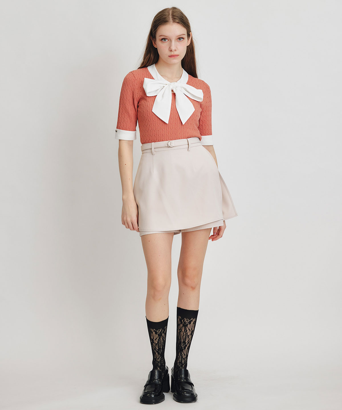 ケーブルリボンタイハーフスリーブニットプルオーバー