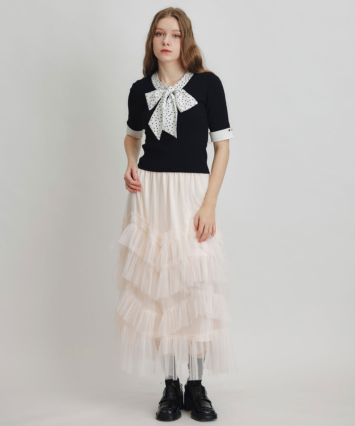 ケーブルリボンタイハーフスリーブニットプルオーバー