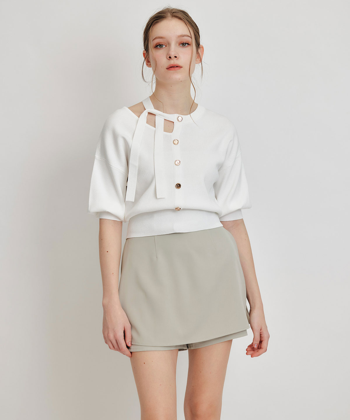 アシメカットデザインハーフスリーブニットプルオーバー