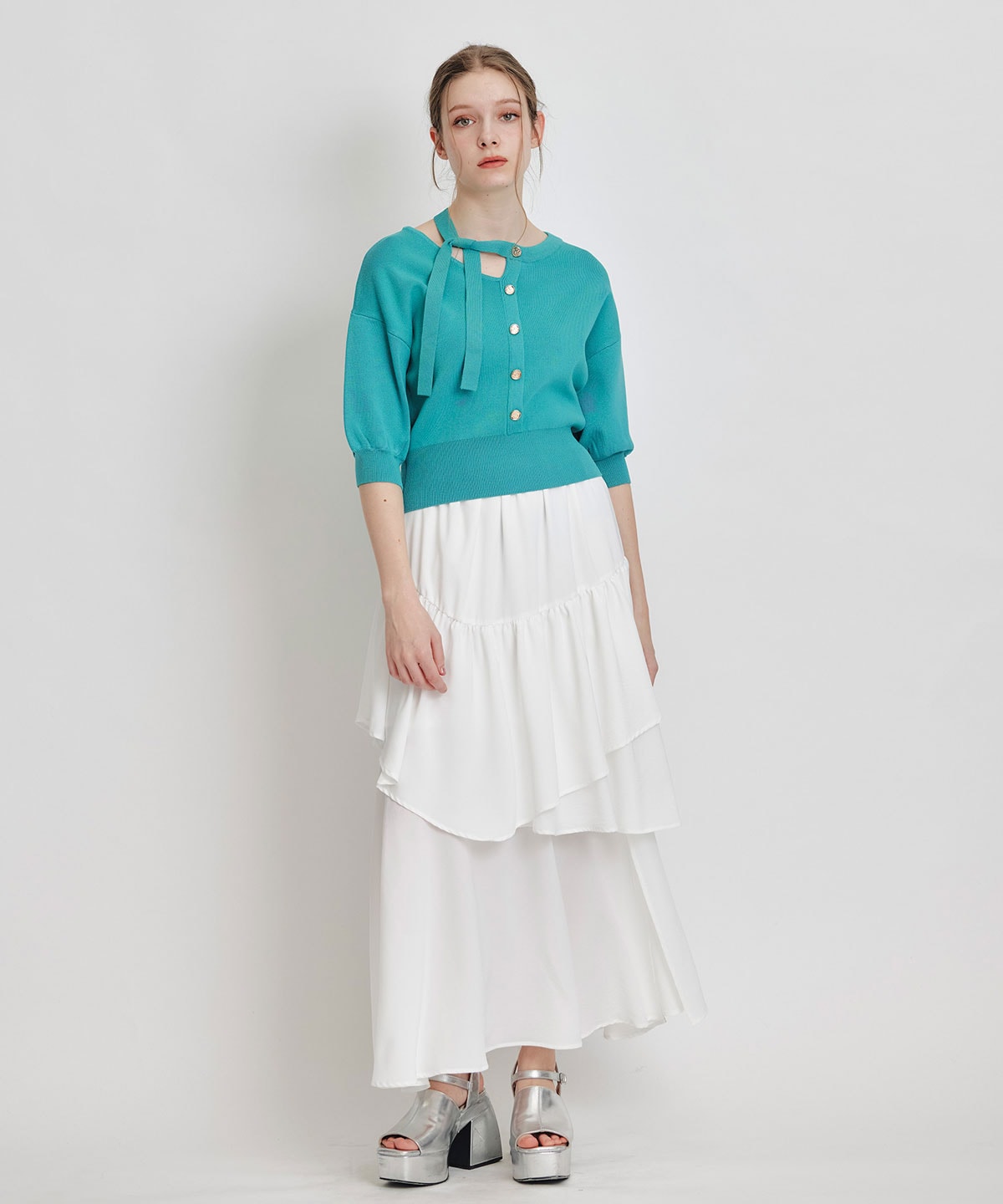 アシメカットデザインハーフスリーブニットプルオーバー