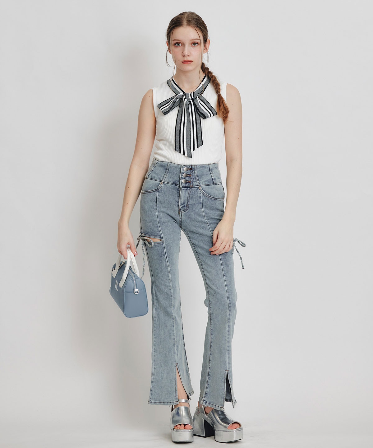 ストライプリボンタイリブニットノースリーブ