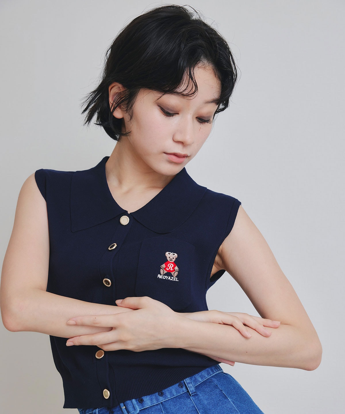 Azelyポロニットノースリーブプルオーバー