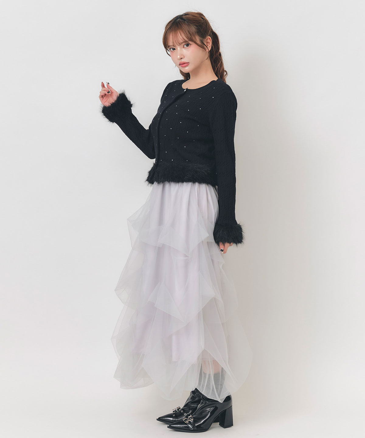 タックバルーンボリュームチュールロングスカート