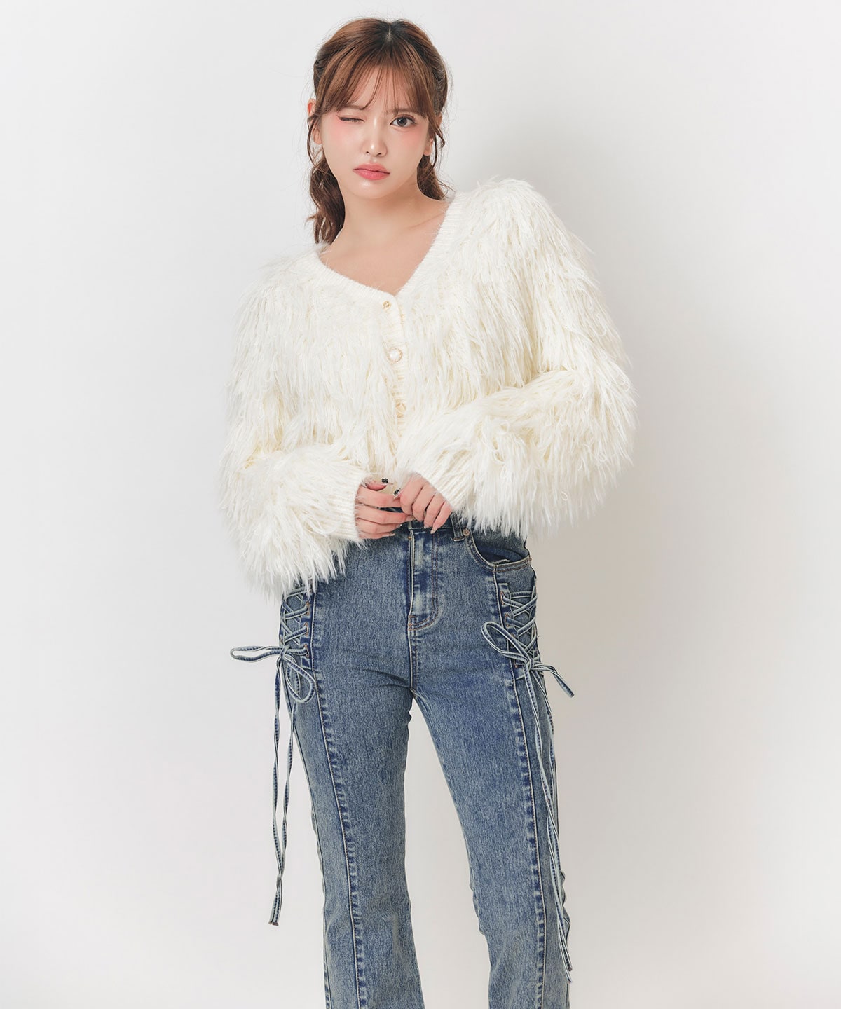 【=LOVE 大場花菜さん着用】レースアップストレッチフレアデニムパンツ