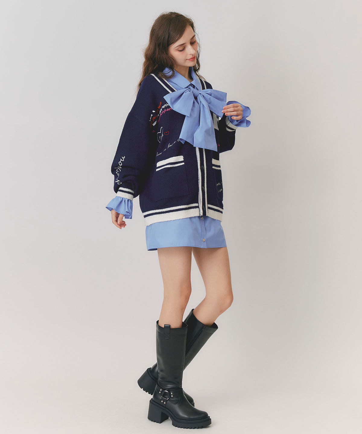 ビッグリボンスリーブフレアミニシャツワンピース