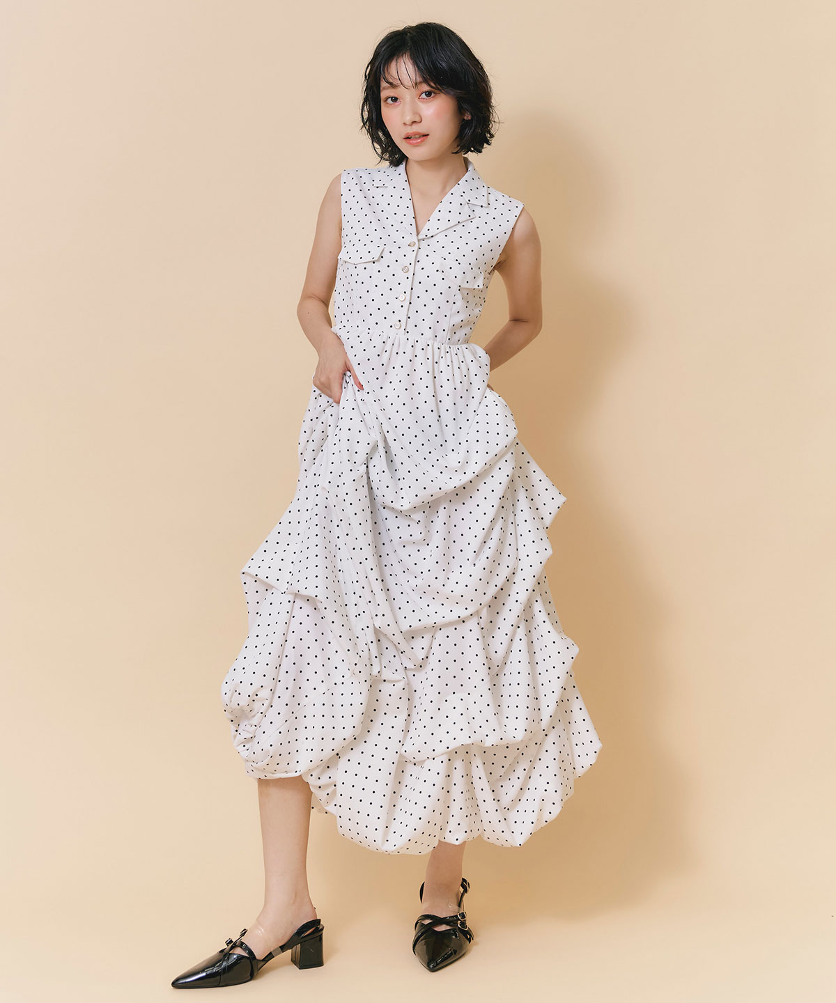 タックボリュームシャツロングワンピース