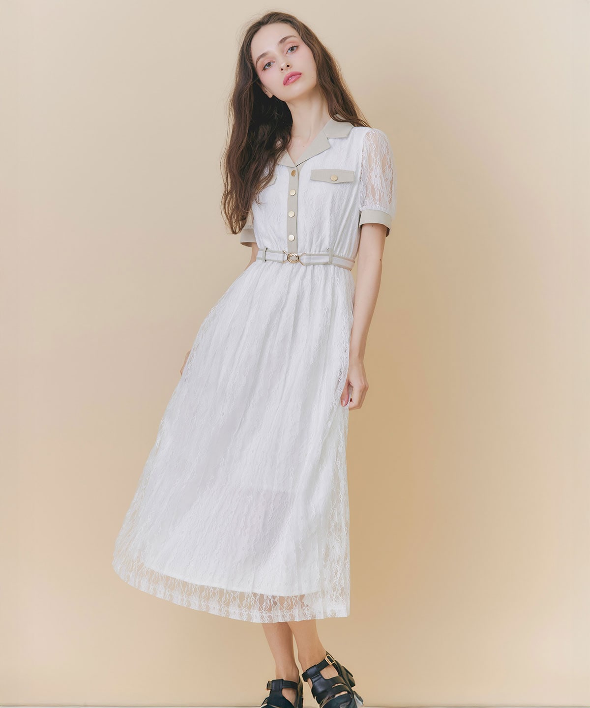 バイカラーレースプリーツロングワンピース