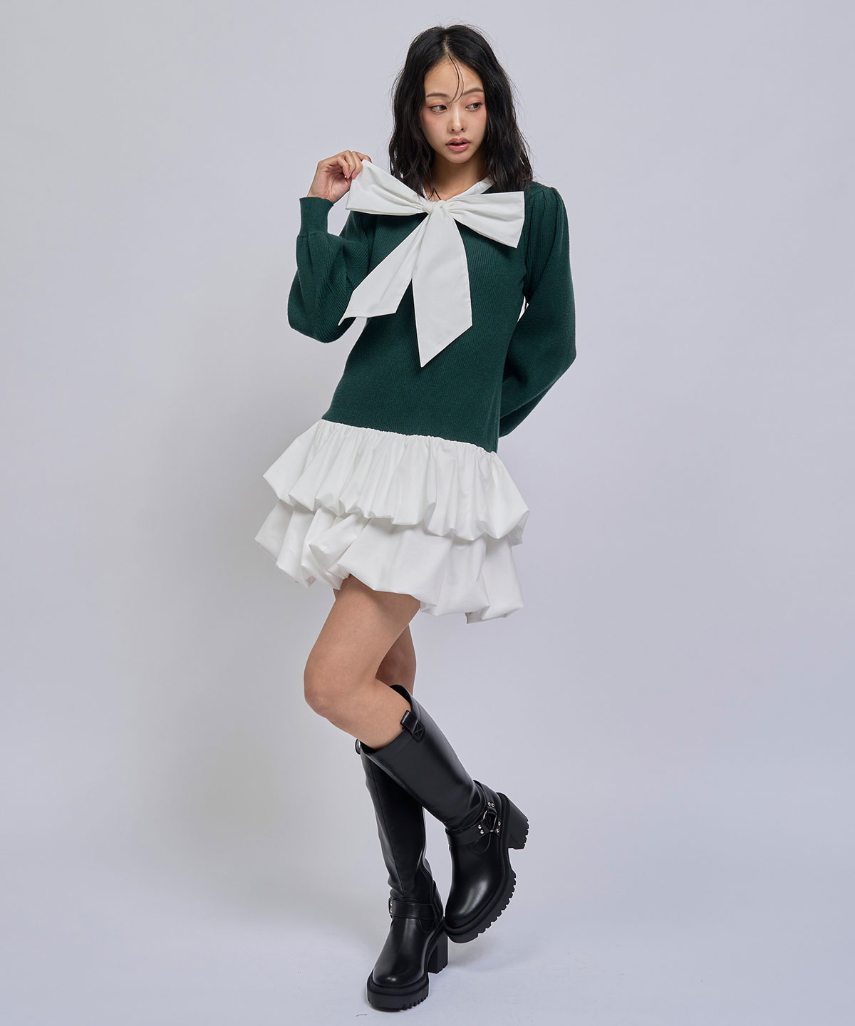 【=LOVE 大場花菜さん着用】ビッグリボンティアードニットシャツミニワンピース